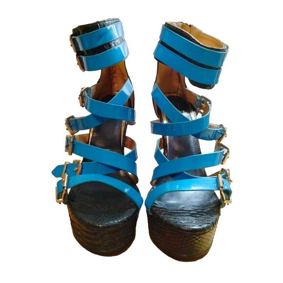 Scene ABREA Stilettos Black with Multiple Blue Straps and Buckles Size 8 - Picture 2 of 13